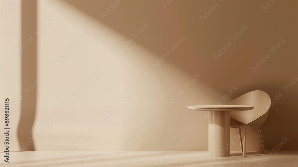 Poster A modern chair and table sit in a minimalist room, bathed in sunlight streaming through a window. Generative AI