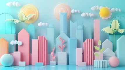 Fototapeta premium Colorful abstract cityscape with pastel buildings, geometric shapes, and whimsical clouds under a sunny sky.