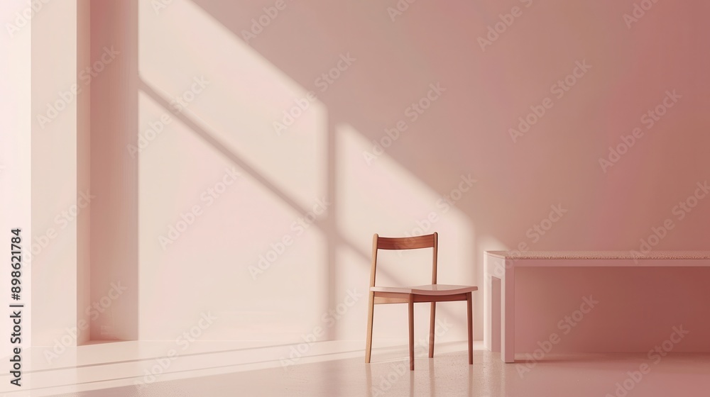Poster a wooden chair and bench sit in a pink room, bathed in soft sunlight streaming through a window. gen