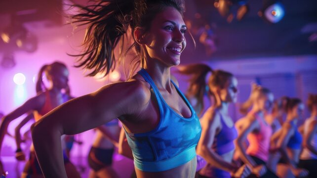 A high-energy fitness class in a gym