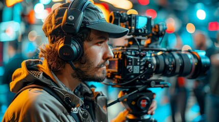 Cameraman Filming in a City at Night.