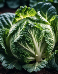 A detailed close-up of a fresh savoy cabbage shows the intricate patterns of its leaves, veined textures. Savoy cabbage Brassica oleracea L convar capitata var sabauda is vegetable crop. Generated AI