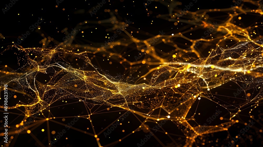 Wall mural abstract golden network forming a wavy pattern with particles on a black background