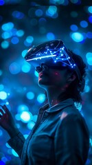 Woman Experiencing Virtual Reality with Blue Lights.