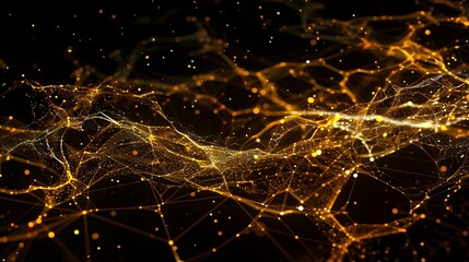 Abstract golden network forming a wavy pattern with particles on a black background