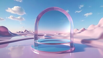 A glass sculpture is positioned on a table in the desert, with clouds drifting through the sky