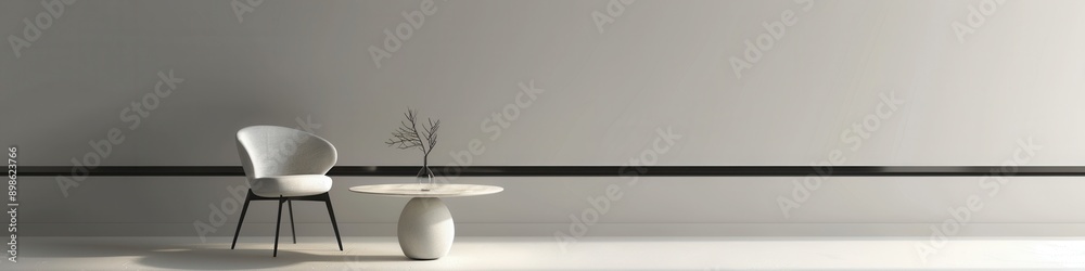 Aufkleber a white chair with black legs sits next to a round white table with a thin black base, in front of a