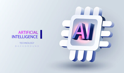 CPU ai banner. Futuristic 3d cartoon microchip processor background. Quantum computer database concept. Central Computer Processors CPU design. Digital artificial intelligence chip vector.