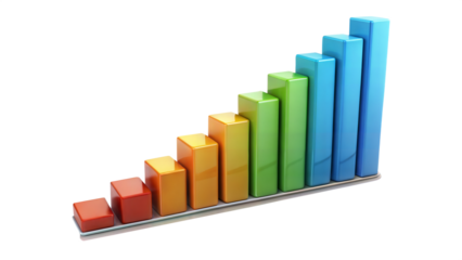 3D illustration of a colorful growing bar graph chart. Concept of success, growth, and progress in business and data analysis.