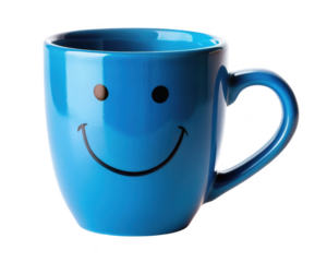 Cheerful Blue Mug With Smiling Face Design. This vibrant blue ceramic mug features a happy smiley face, perfect for a cheerful start to your day. Isolated on transparent background, png.