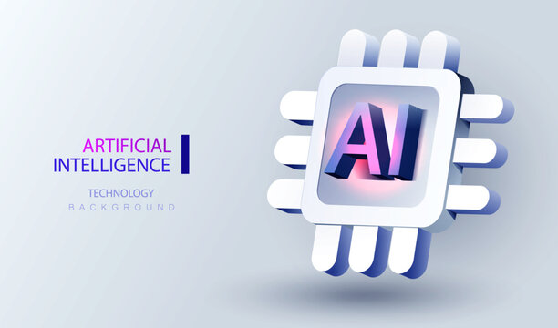 CPU ai banner. Futuristic 3d cartoon microchip processor background. Quantum computer database concept. Central Computer Processors CPU design. Digital artificial intelligence chip vector.