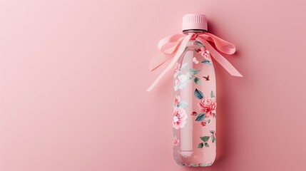 Cute water bottle with a floral pattern and a dainty bow, perfect for a charming, girly aesthetic