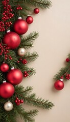 Obraz premium Festive Christmas Decorations with Red Baubles and Pine Branches