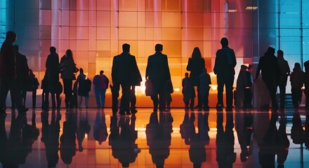 A group of people are walking in a building with a colorful background. The people are all dressed in business attire, and the building has a modern design. Scene is professional and business-like