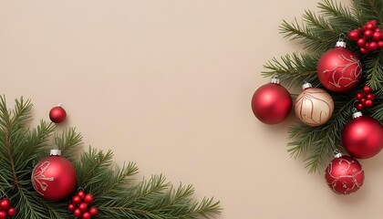 Festive Christmas Decorations with Red Baubles and Pine Branches