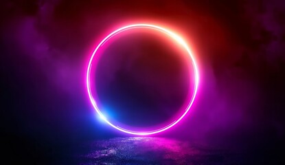 Abstract background of glowing neon lights of white pink colors on circle shaped lines on shiny reflecting stage