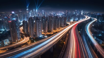 Obraz premium Night city skyline with vibrant traffic lights amidst skyscrapers; suitable for urbanthemed designs, backgrounds, or cityscape concepts in various media projects. 2