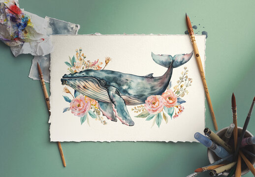 Creative Watercolor Tools and Paper Mockup Scene