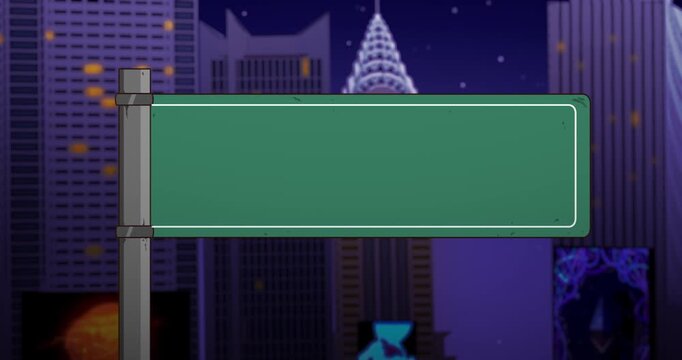 Futuristic city in the night background with street sign. Green screen overlay background.