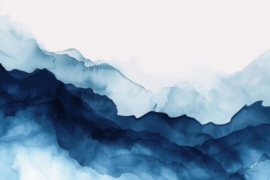 Abstract watercolor painting background featuring deep blue gradient shades with flowing curved line textures and areas for text