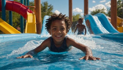 African American boy enjoying a water slide