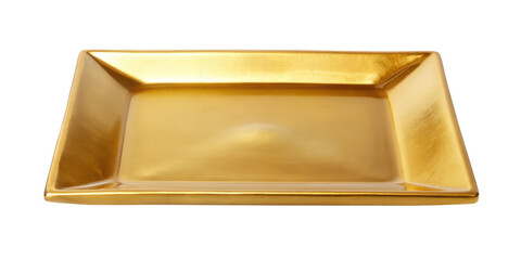 Golden Rectangular Metal Tray. A sleek and modern tray perfect for serving or decorative use, featuring a shiny, gold finish. Isolated on transparent background, png.