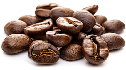 Naklejka premium A detailed and hyper-realistic close-up shot of coffee beans, showcasing their texture and color. Isolated on white background.