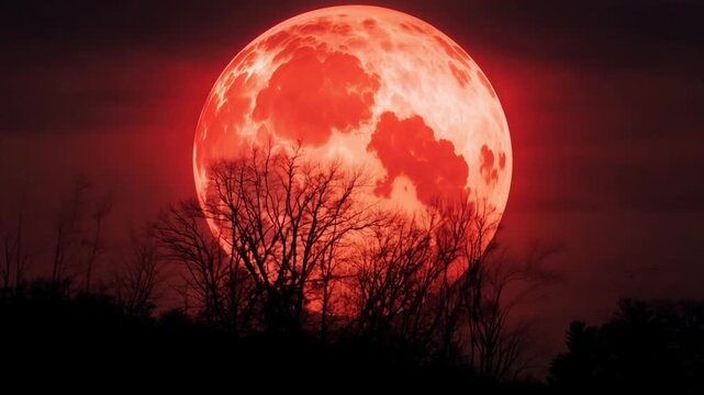 Blood Moon Rising Over Silhouetted Trees.
