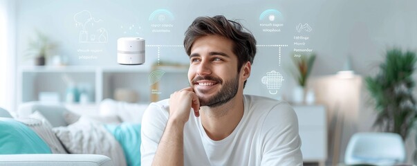 Smiling man using smart home device in modern living room with virtual interface