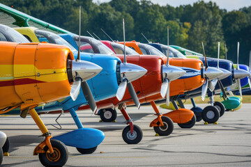 Colorful propeller planes lined up neatly on airfield ready for takeoff