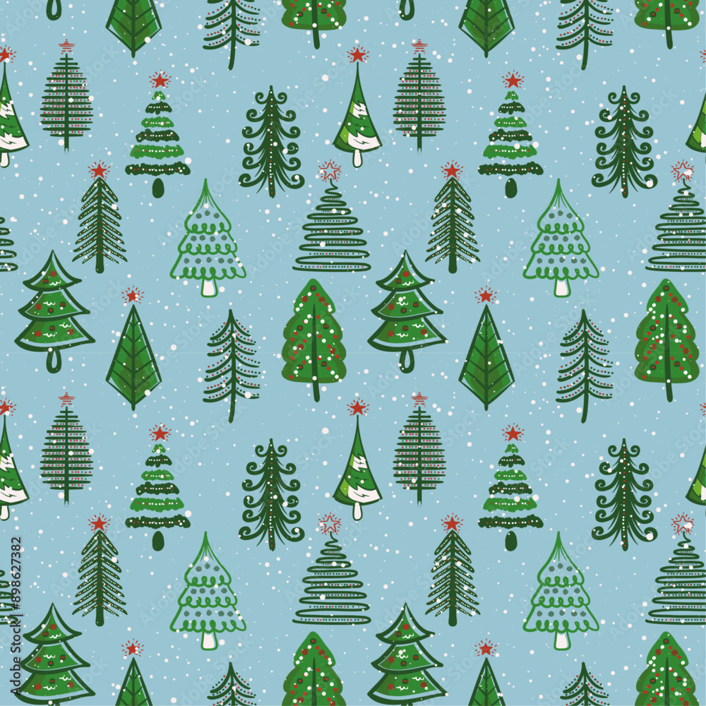 Aufkleber light blue background with fir trees and snow. christmas seamless pattern with stylish christmas tre