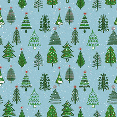 Light blue background with fir trees and snow. Christmas seamless pattern with stylish Christmas trees decorated in New Year's style.