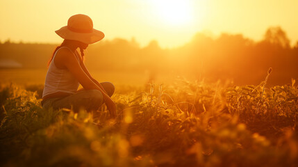 Fototapeta premium a woman sits in a field with a hat on her head.