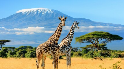 Fototapeta premium Three giraffe on Kilimanjaro mount background in National park of Kenya, Africa