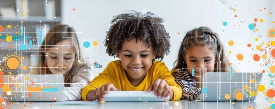 Diverse children enjoying digital learning on laptops and tablets