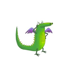Cute cartoon green dragon on a white background.