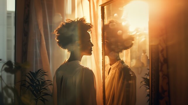 A person standing in front of a mirror, smiling warmly at their reflection, the room softly lit by natural sunlight streaming through a window.