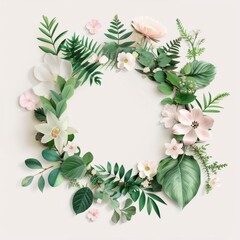 Obraz premium Delicate floral wreath with various green leaves and vibrant flowers, perfect for elegant invitations and nature-themed designs.