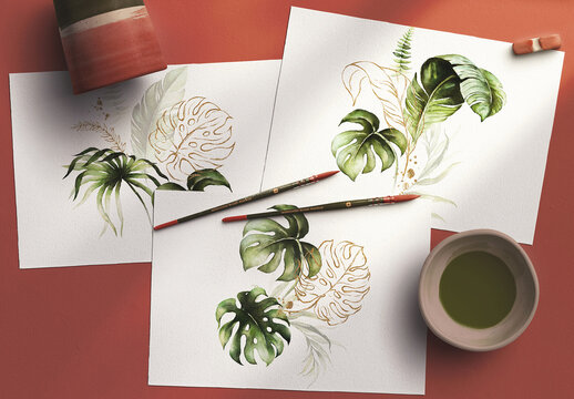 Three A4 Watercolor Paper Mockup