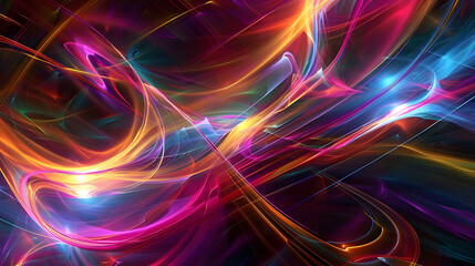 Obraz premium Vibrant abstract image featuring dynamic neon light trails in shades of pink, blue, yellow, and orange, creating a sense of motion.