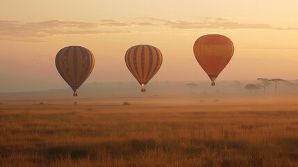 Fototapeta premium Three hot air balloons drift over the plains of The Serengeti National Park at dawn