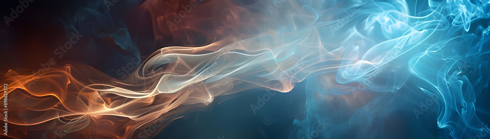 Poster vivid abstract image featuring dynamic swirls of smoke in blue and orange hues, creating a captivati