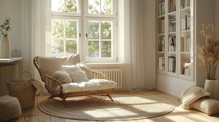 Serene Minimalist Scandinavian Interior with Cozy Reading Nook and Natural Light
