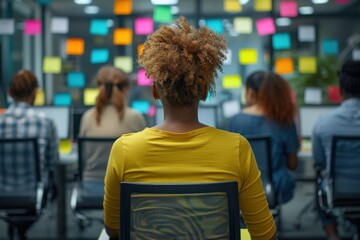 A diverse team engages in a vibrant brainstorming session, surrounded by colorful sticky notes on walls, fostering a creative workspace.