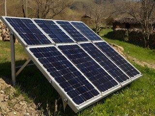solar panels on nature sunset in the village,AI generated	
