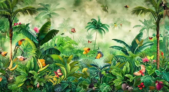 A tropical jungle scene with many birds and butterflies