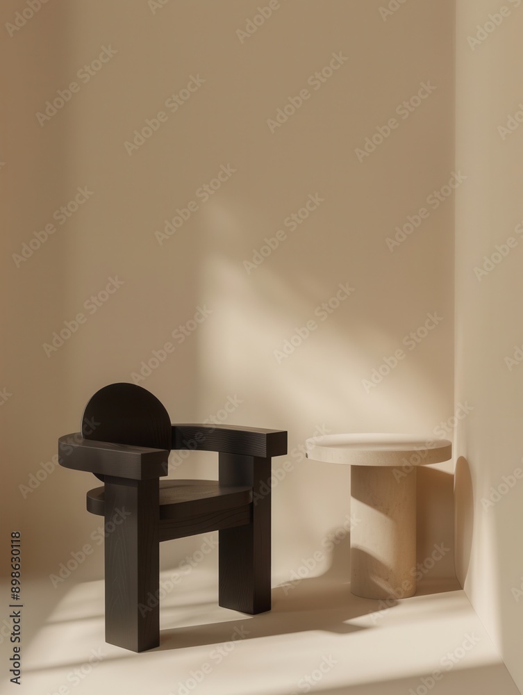Poster a black chair with a circular backrest sits beside a white table in a minimalist interior with soft,
