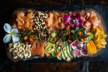 Fototapeta premium A colorful array of fresh fruits, fish, and nut garnishes arranged artistically on a rustic wooden platter, showcasing natural flavors and vibrant ingredients.