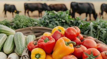 Fresh vegetables including peppers and cucumbers with cattle grazing in the background, showcasing farm produce and livestock.
