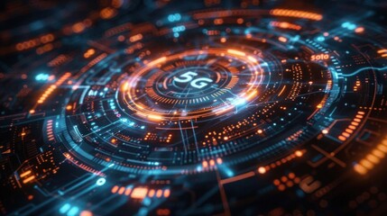 Obraz premium Abstract visualization of 5G technology with glowing circuits and modern graphics, representing connectivity and speed.